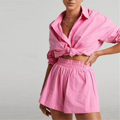 Solid Single Breasted Long Sleeve Lapel Shirt Shorts Limorista
