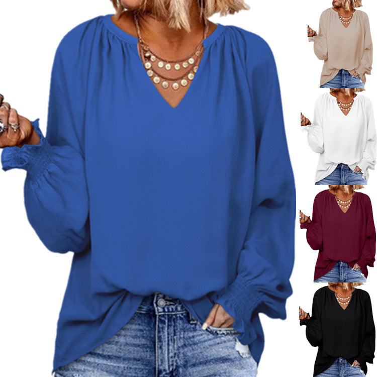 Limorista - Autumn And Winter Solid Color Simple Cuff Smocking V-neck Women&