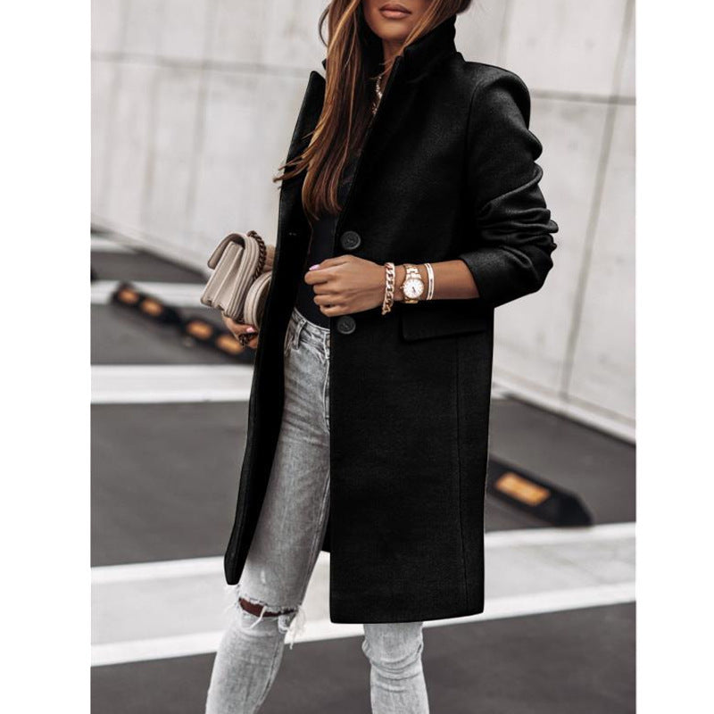 Simplicity Long Sleeve Button Woolen Coat Overcoat Limorista