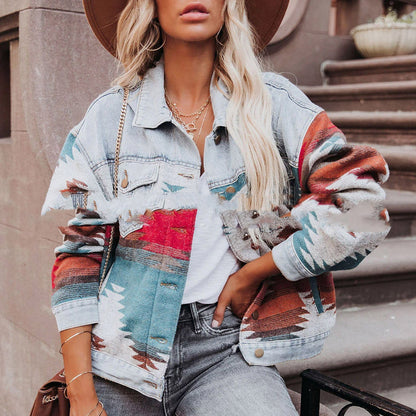 Long-sleeved Lapel Loose Denim Stitching Woolen Coat Limorista