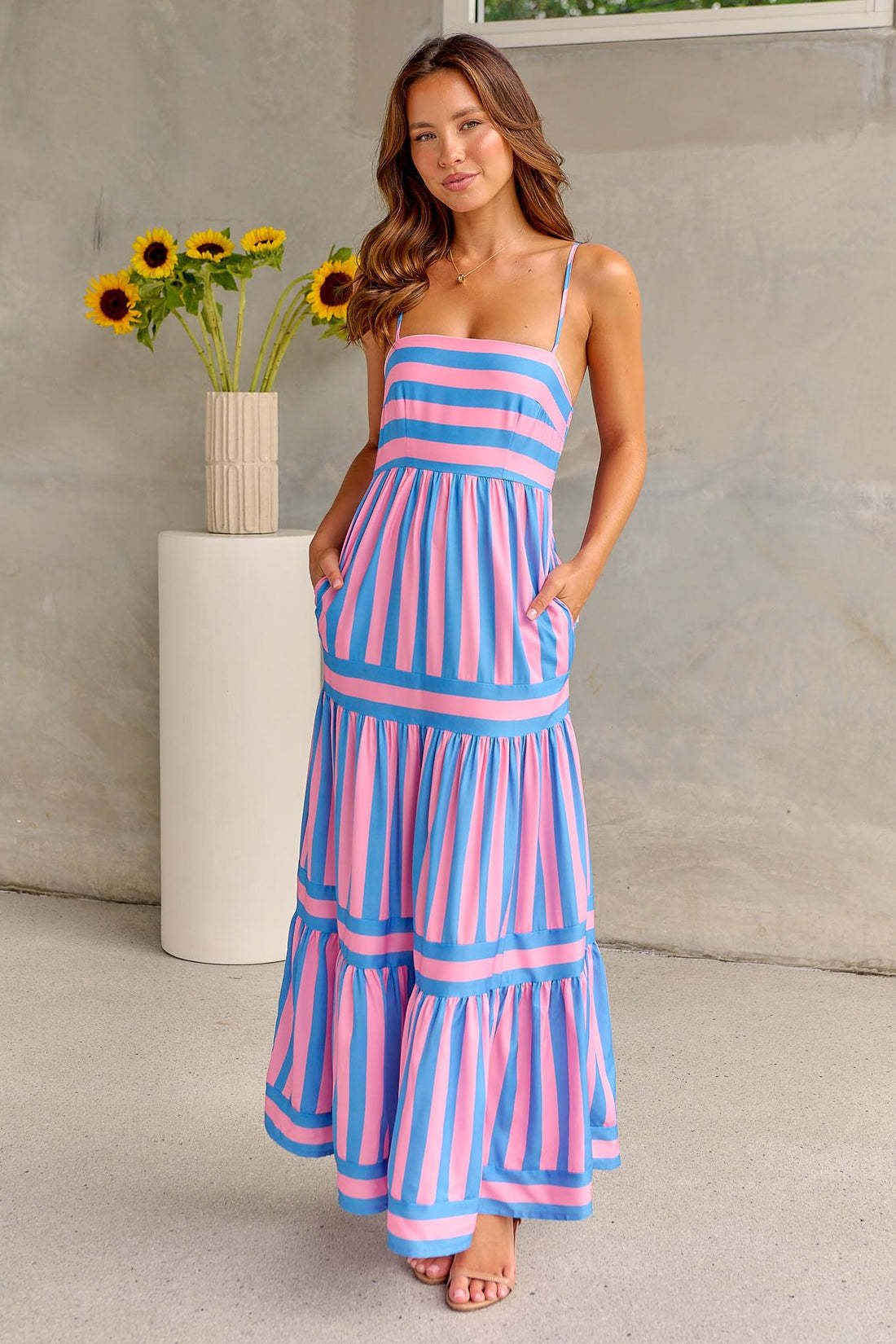 Summer Striped Printed Suspender Long Dress With Pockets Fashion Square Neck Backless Dresses For Beach Vacation Women Clothing Limorista