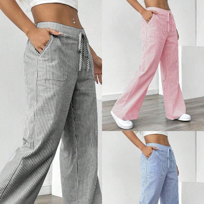 New Striped Trousers With Pockets Casual Versatile Loose Wide Leg Pants Women&