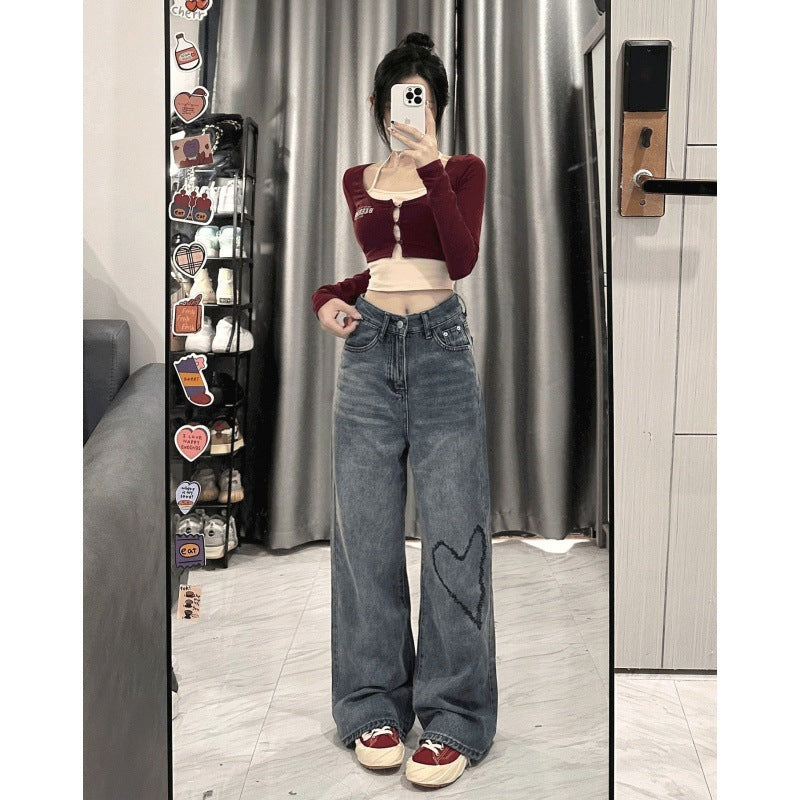 Love Embroidered Wide-leg Simple Casual Jeans Limorista