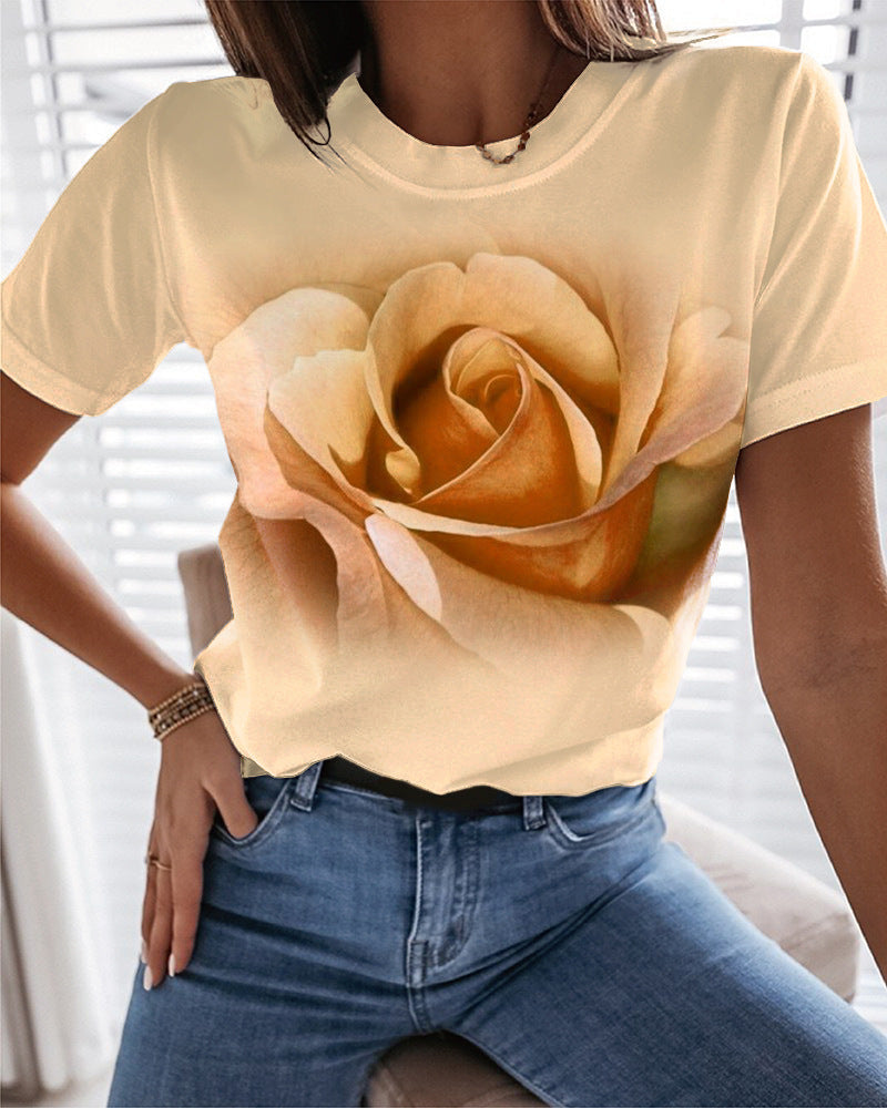 Fashion Rose 3D Printed T-shirt Round Neck Slim Fit Limorista