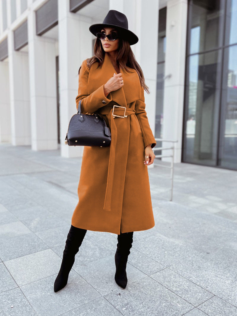 Autumn And Winter Simplicity Long Sleeve Button V-neck Lace Up Woolen Coat Women&