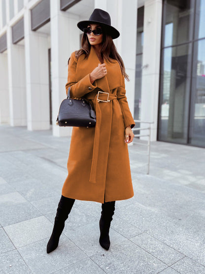 Autumn And Winter Simplicity Long Sleeve Button V-neck Lace Up Woolen Coat Women&