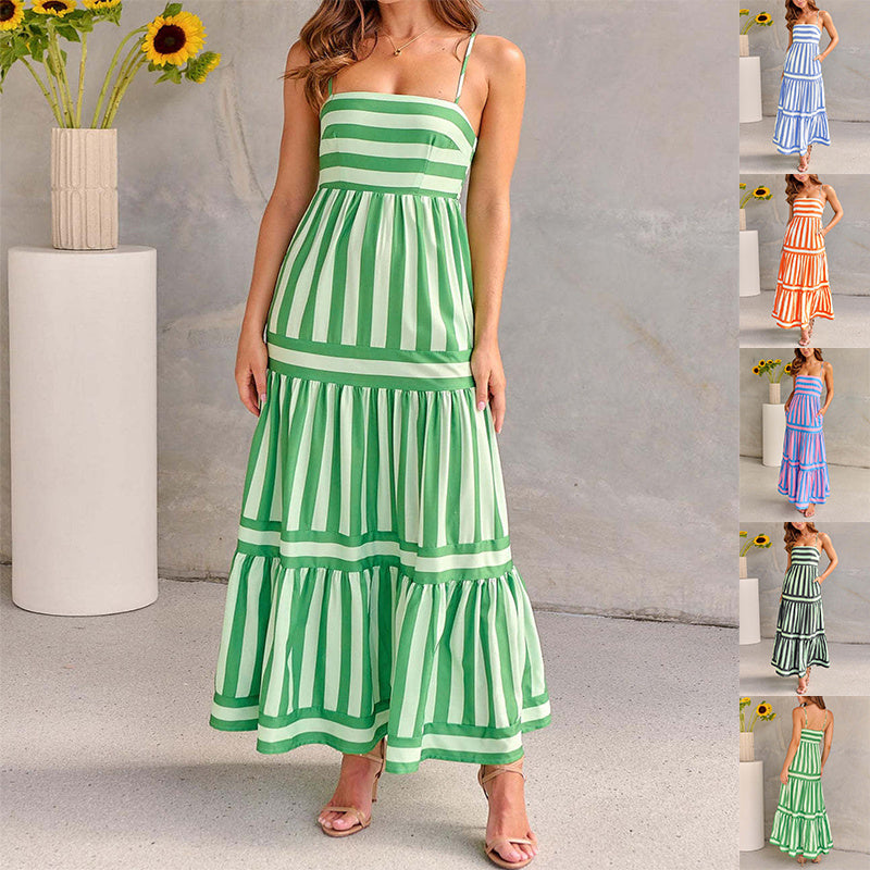 Summer Striped Printed Suspender Long Dress With Pockets Fashion Square Neck Backless Dresses For Beach Vacation Women Clothing Limorista