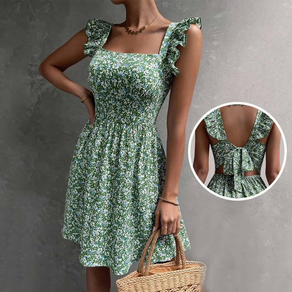 Summer Square-neck Ruffled Sleeveless Dress With Bow-tie Backless Design Fashion Casual Holiday Beach Dresses For Womens Clothing Limorista