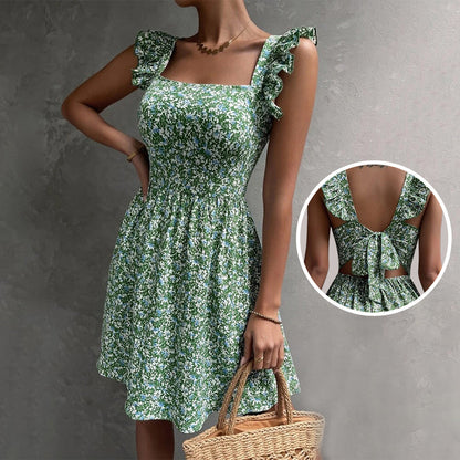 Summer Square-neck Ruffled Sleeveless Dress With Bow-tie Backless Design Fashion Casual Holiday Beach Dresses For Womens Clothing Limorista