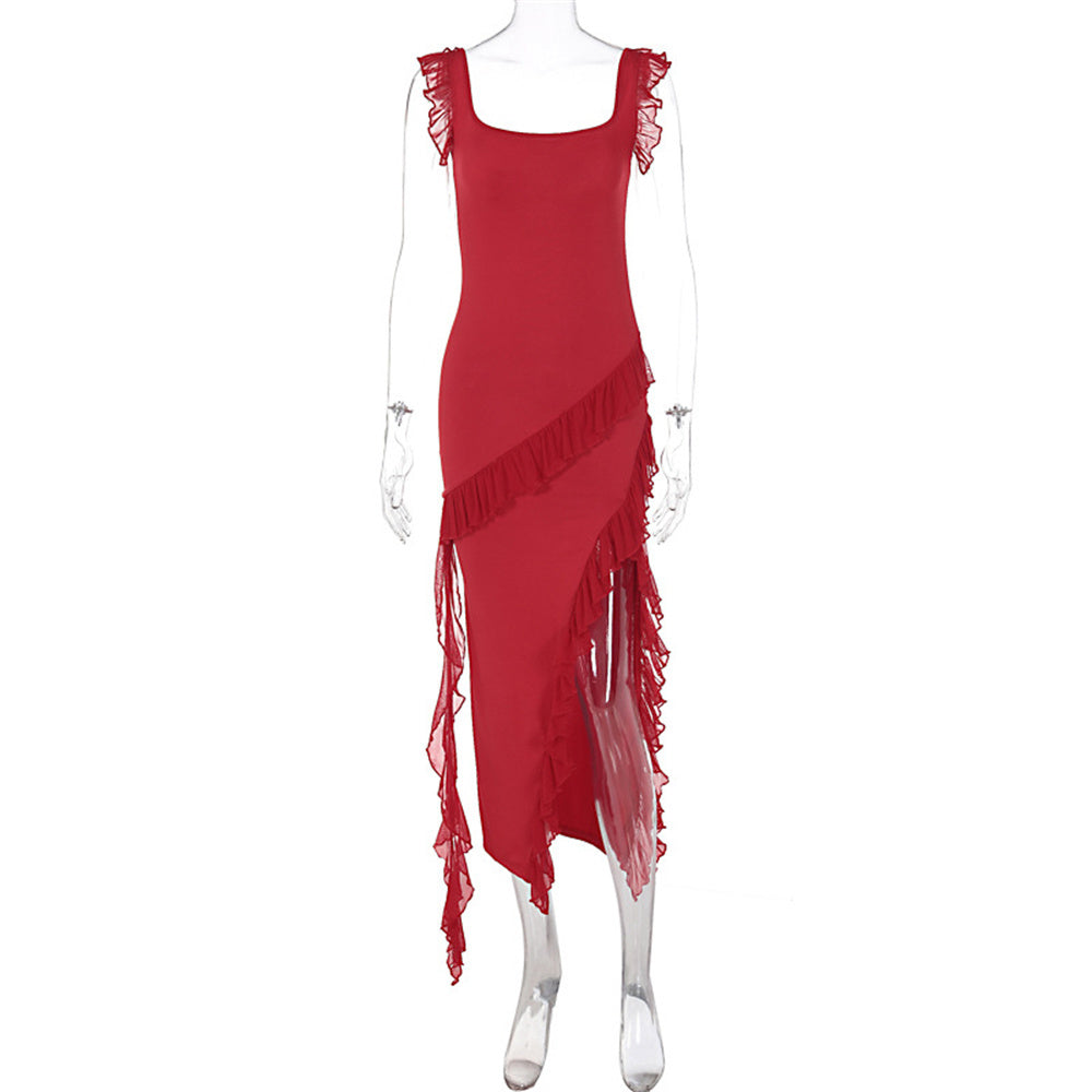 Ruffle Thigh High Split Dress Women Sexy Spaghetti Strap Square Neck Backless Suspender Dresses For Evening Praty Clothing Limorista