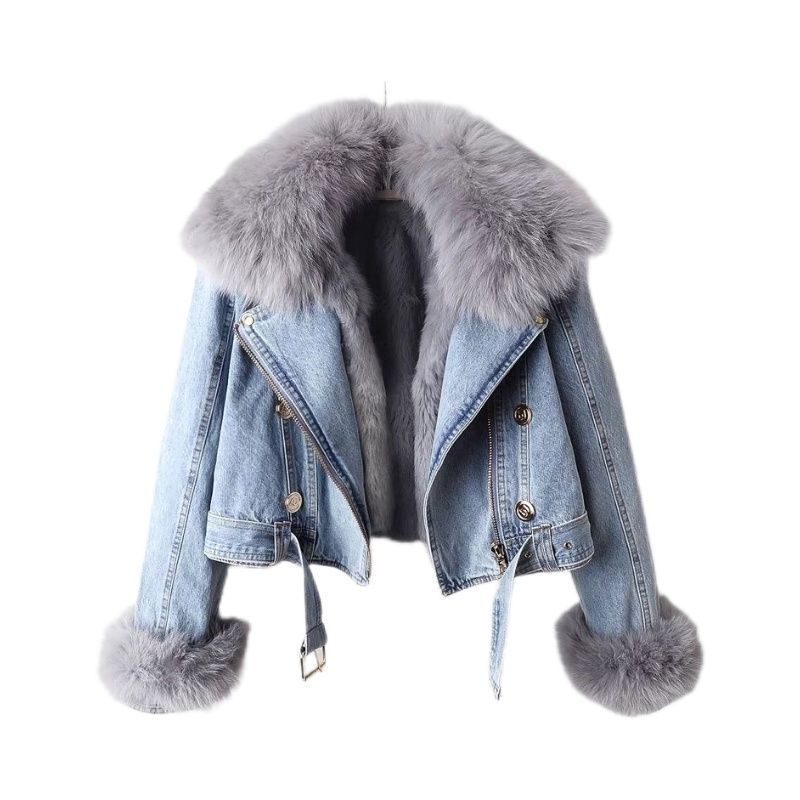 Detachable Fox Fur Rabbit Fur Liner Denim Coat Limorista