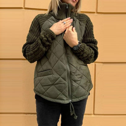 Stand Collar Cotton Jacket With Pockets Fashion Knitted Stitching Zipper Coat Winter Warm Tops For Women Limorista