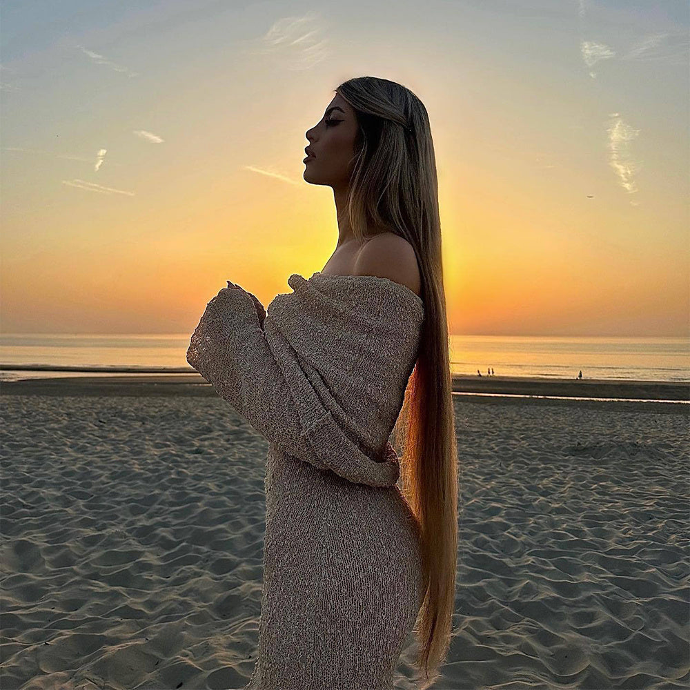 New One-shoulder Knitted Long-sleeved Dress Sexy Beach Holiday Long Dresses Womens Clothing Limorista