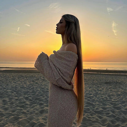 New One-shoulder Knitted Long-sleeved Dress Sexy Beach Holiday Long Dresses Womens Clothing Limorista