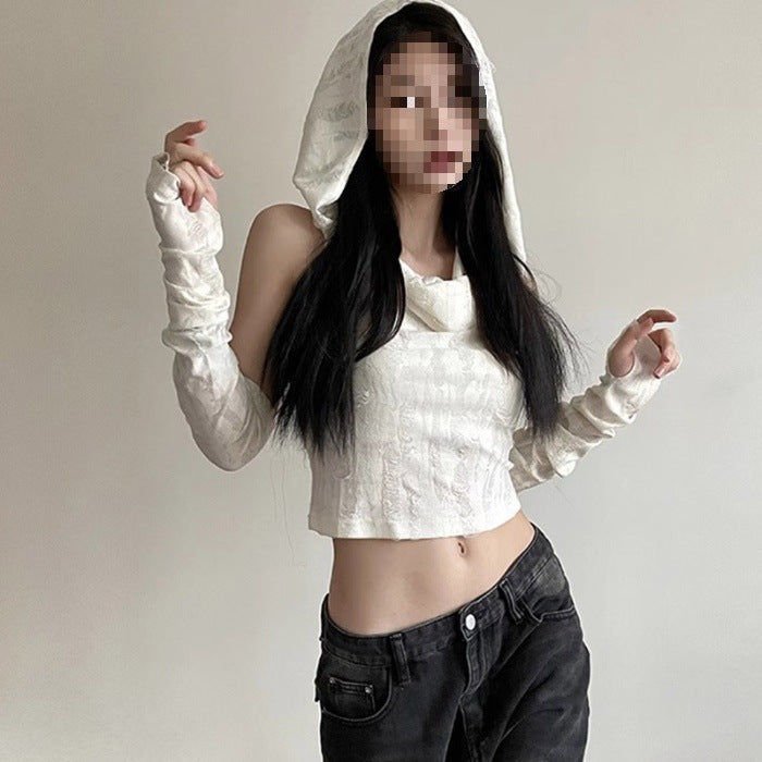 American Hot Girl Sleeveless Cold-shoulder Hooded Oversleeve T-shirt Limorista
