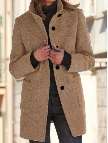 Fashion Stand Collar Woolen Coat With Pockets Fall Winter Casual Button Outwear For Women Clothing Limorista