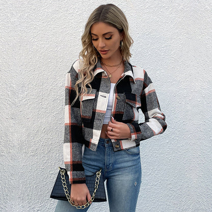 Plaid Lapel Cropped Jacket With Pockets Fashion Button Long Sleeve Short Outwear Tops Coat For Womens Clothing Limorista