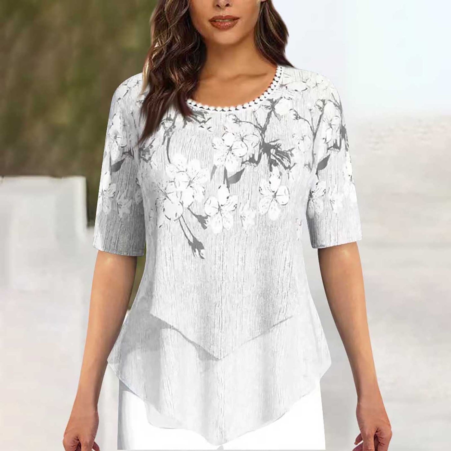 Positioning Printed Round Neck Irregular Short Sleeve Limorista