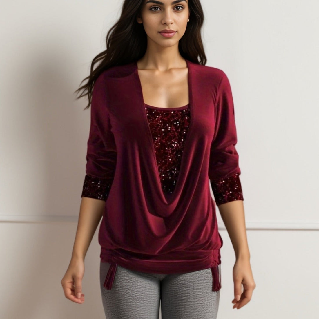 Limorista - Sequin Contrast Solid Color Long Sleeve Women&