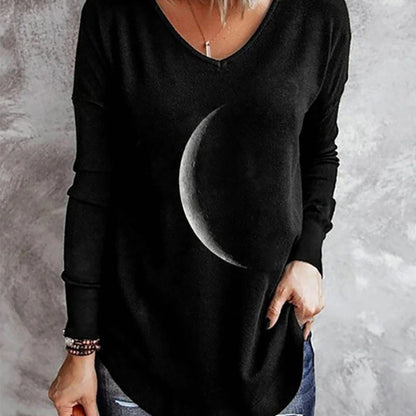 Moon Print Round Neck Loose Long-sleeved T-shirt Sweater Women Limorista