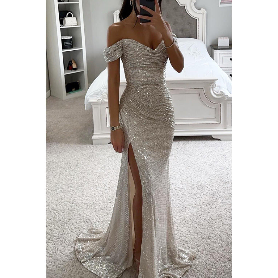 Party Sequins Off-neck Split Dress INS Casual Fashion Dress Women Limorista