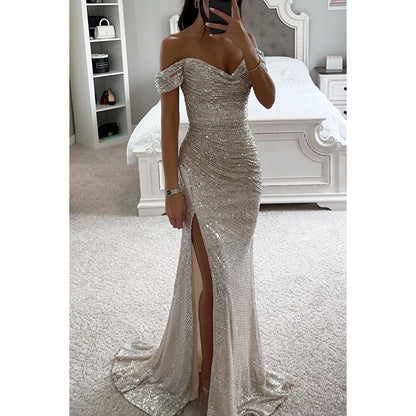 Party Sequins Off-neck Split Dress INS Casual Fashion Dress Women Limorista