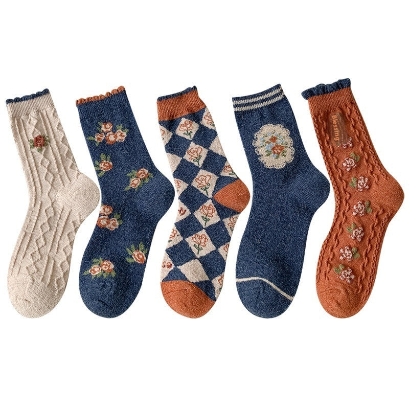 Vintage Small Flower Wool Socks Fleece Lined Padded Warm Keeping Tube Socks Limorista