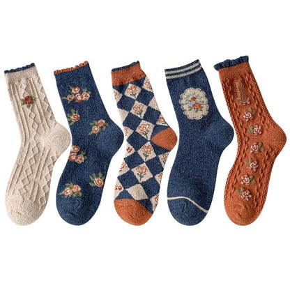 Vintage Small Flower Wool Socks Fleece Lined Padded Warm Keeping Tube Socks Limorista