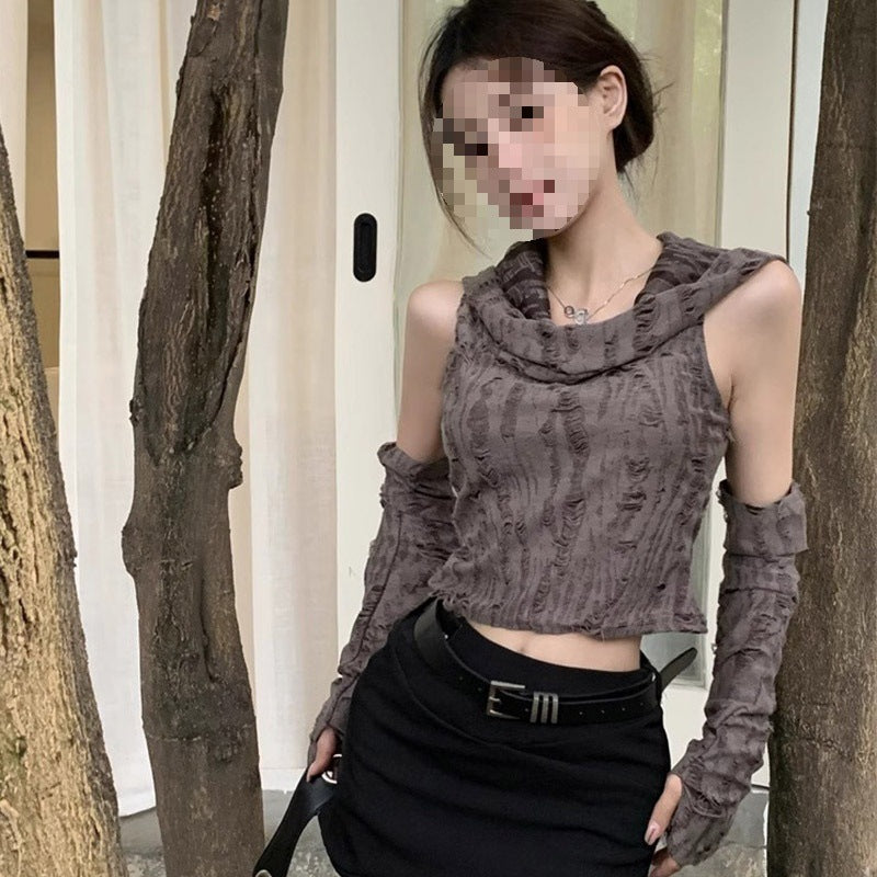 Limorista - American Hot Girl Sleeveless Cold-shoulder Hooded Oversleeve T-shirt