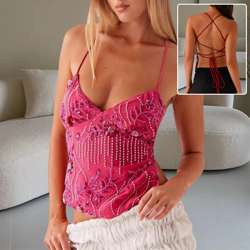 Y2K Dopamine-colored Bandeau Sling Tops Summer V-neck Flower Beaded Backless Vest For Women Limorista