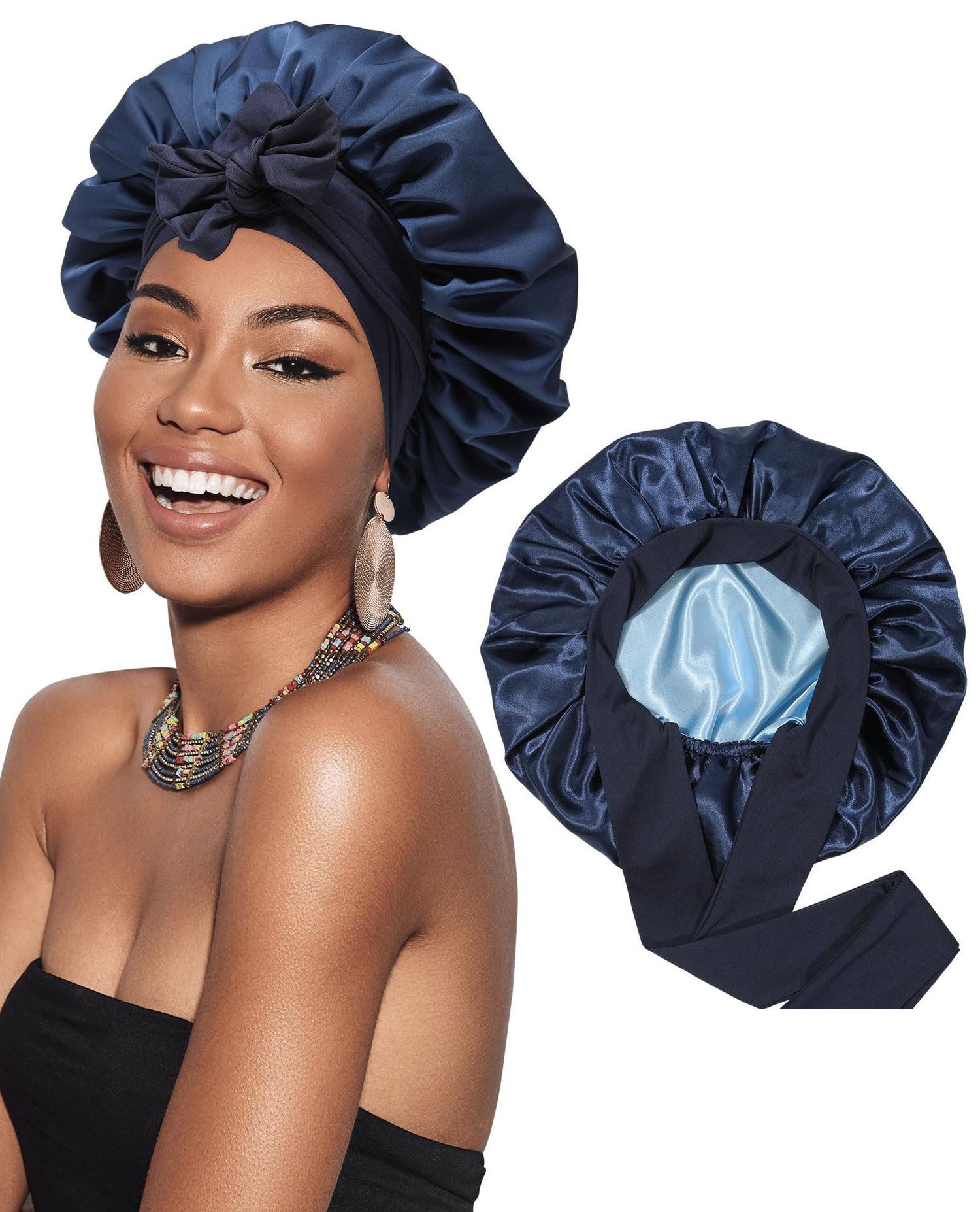 Double-layer Satin Ribbon Round Cap Bow Artificial Silk Beauty Hair Care Wide-brimmed Hat Limorista