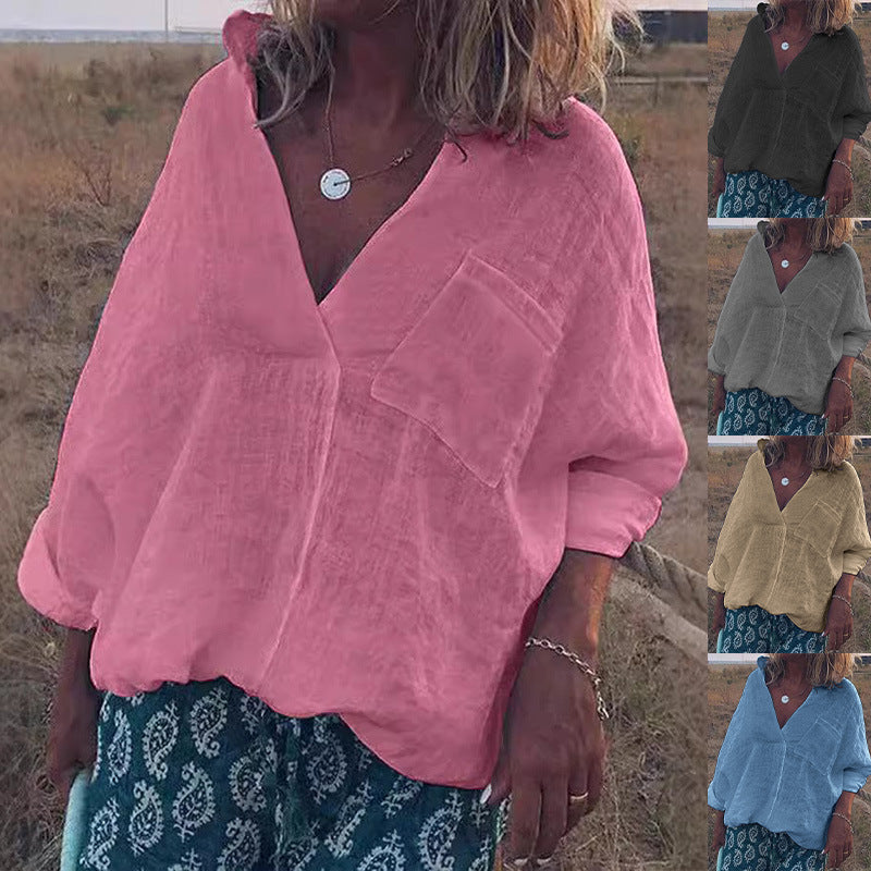 European And American V-neck Long Sleeve Shirt Pullover Women&