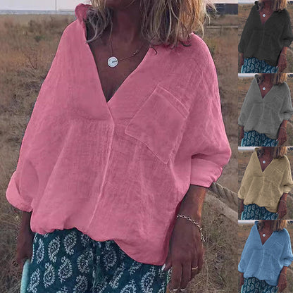 European And American V-neck Long Sleeve Shirt Pullover Women&