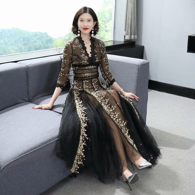 Embroidery Mesh Black Dress Women Limorista