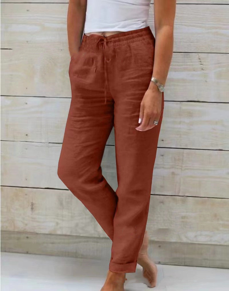 Summer Elastic Waist Solid Color Cotton Linen Wide Leg Pants Loose Pants Women&