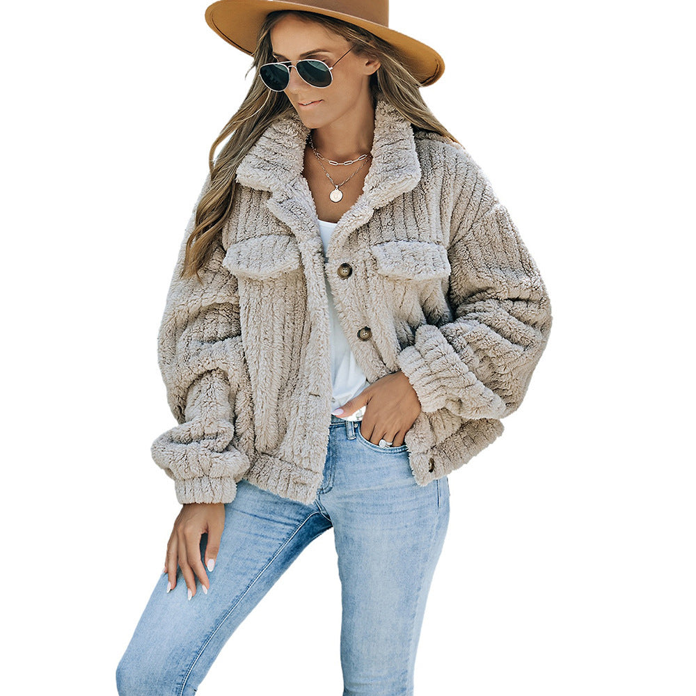 Winter New Khaki Plush Wool Fashion Thick Warm Long Sleeves Coat For Women Limorista