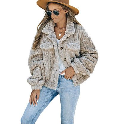 Winter New Khaki Plush Wool Fashion Thick Warm Long Sleeves Coat For Women Limorista