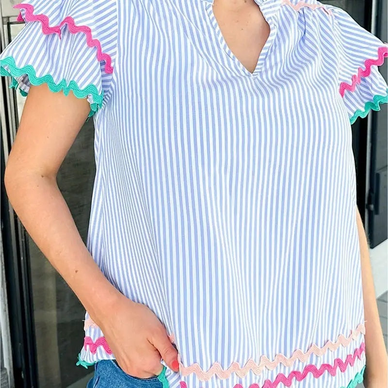 Sky Blue Stripe Ricrac Trim Split Neck Striped Ruffled Sleeve Blouse Limorista