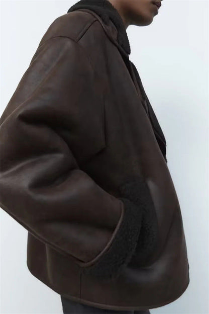 Faux Leather Double-sided Jacket European And American Locomotive Long Breasted Coat Limorista
