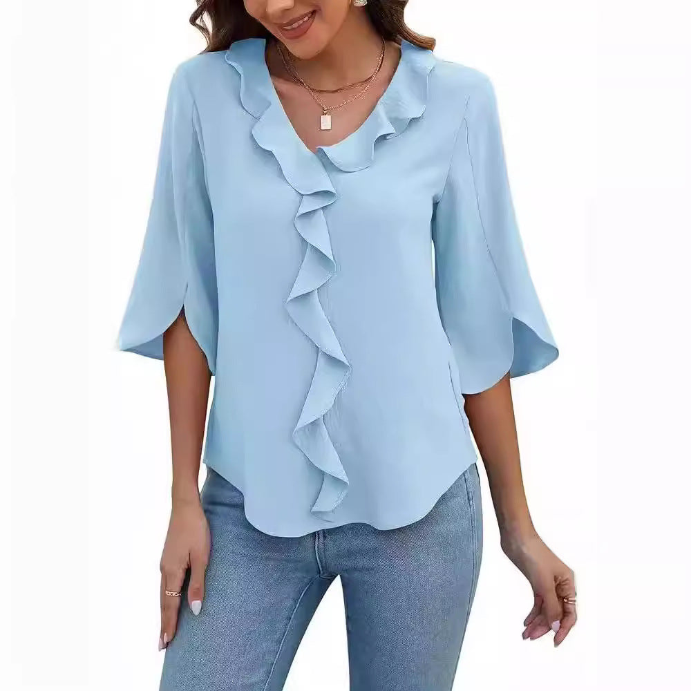 Lady Literature Leisure Commute All-matching Loose All-matching V-neck Flounce Shirt Limorista