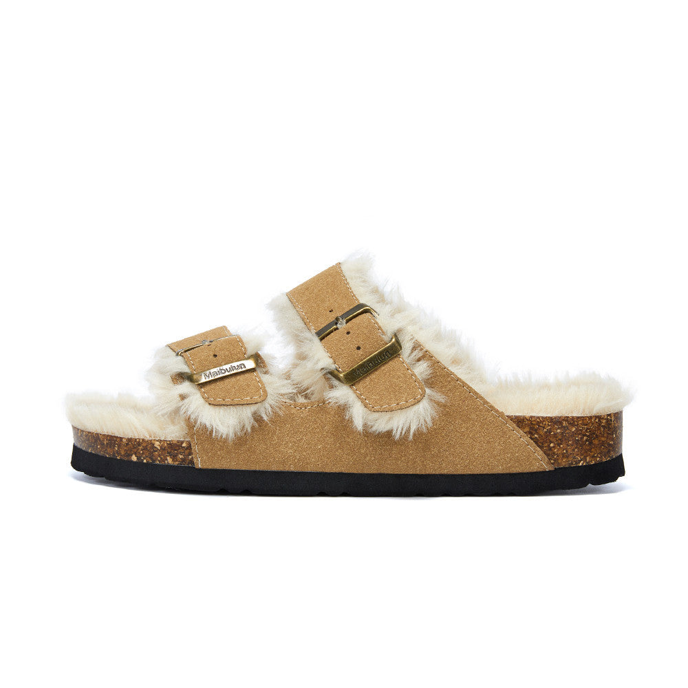 Autumn And Winter Plush Flat Bottomed Frosted Leather Boken Cork Slippers Limorista