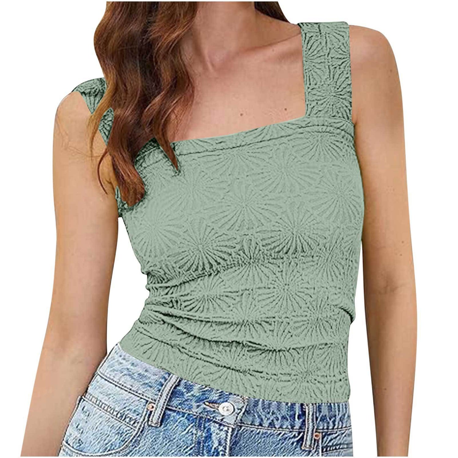 New Slim Fit Square Neck Vest Summer Fashion Jacquard Sleeveless Top For Women Clothing Limorista