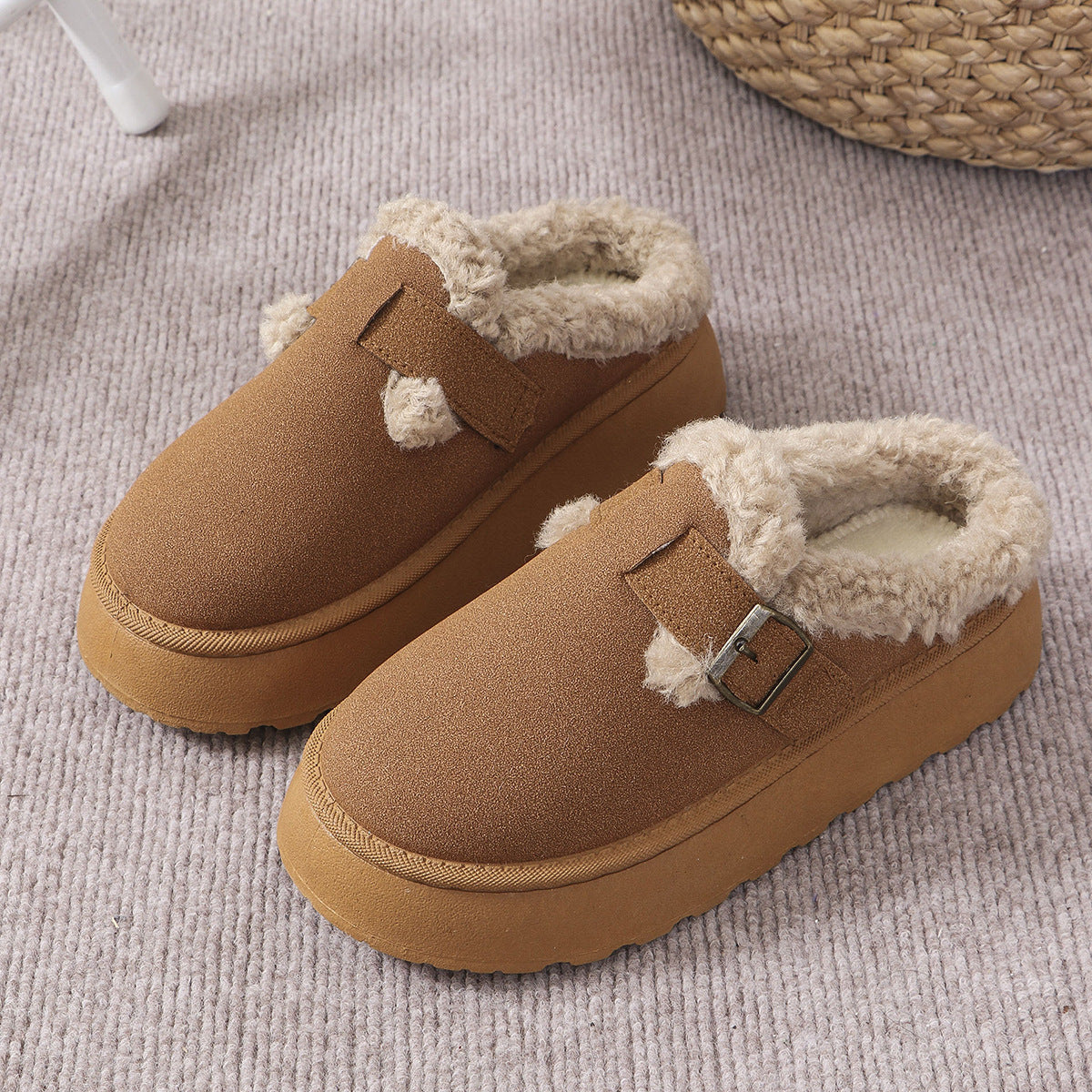 Fashion Thick-soled Plush Buckle Cotton Slippers Winter Indoor And Outdoor Casual Warm Shoes Women Garden Slipper Limorista