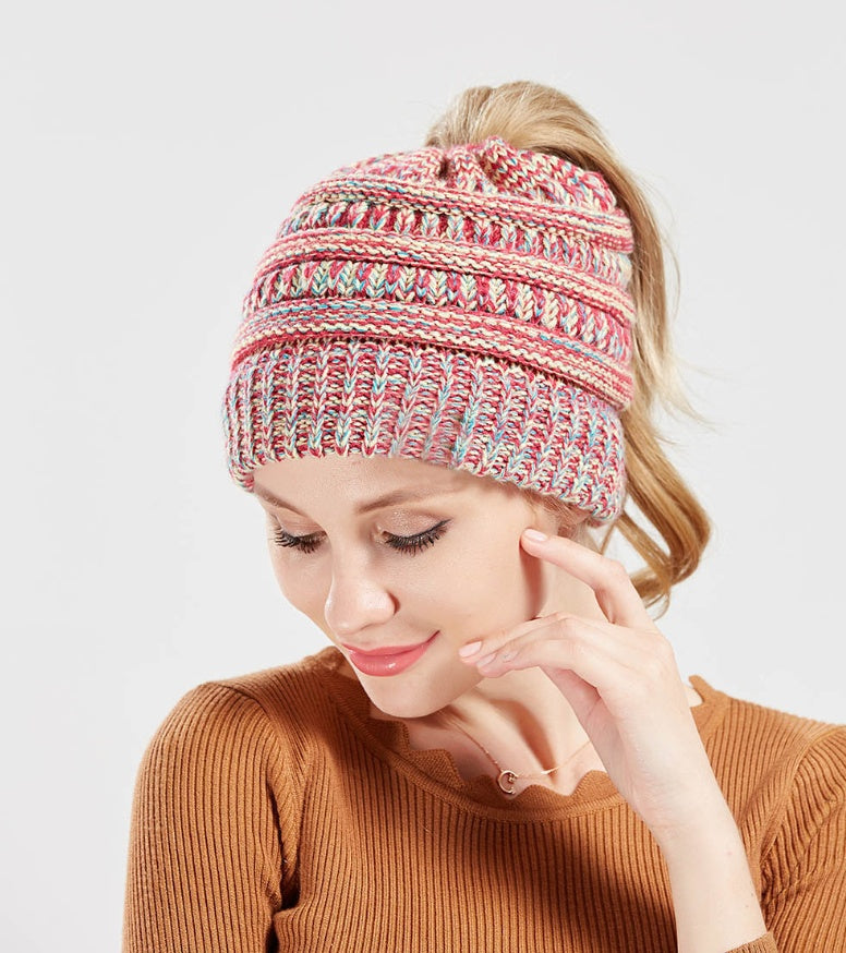 Mixed Color Knitted Wool Hat Ladies Non-labeled Ponytail Hat Limorista