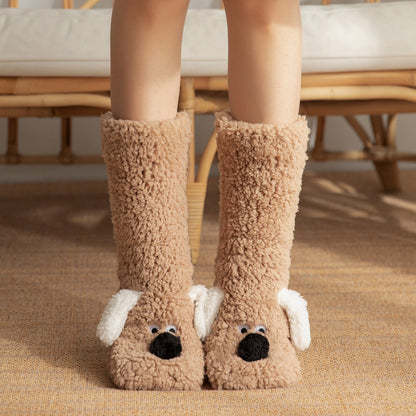 Cute Cartoon Dog Floor Socks Winter Warm Non-slip Plush Socks For Women Limorista