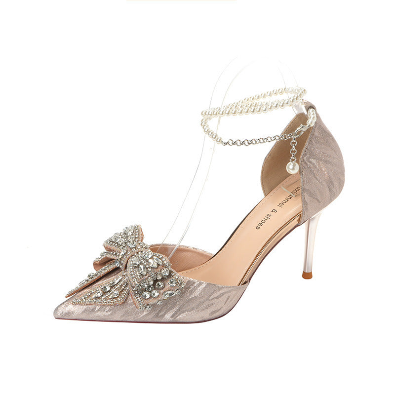 Rhinestone Bow Pointy Hollow Pearl Heels Limorista