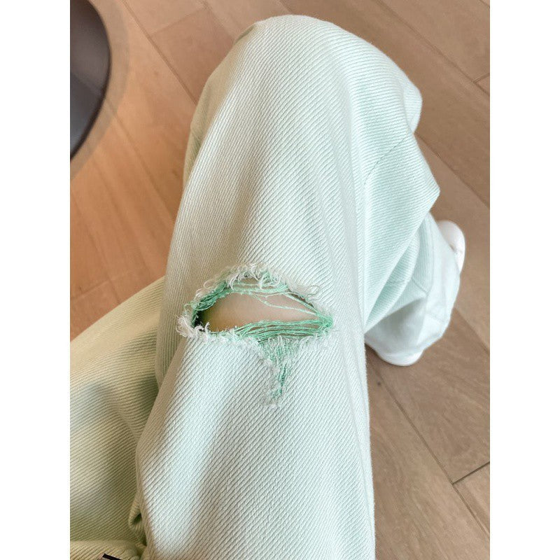 Summer Thin Mint Green Ripped Wide-leg Jeans For Women High Waist Loose Slim Straight Pants Limorista