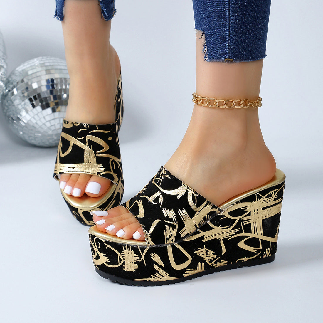 Round Toe Wedge Printed Slippers Limorista