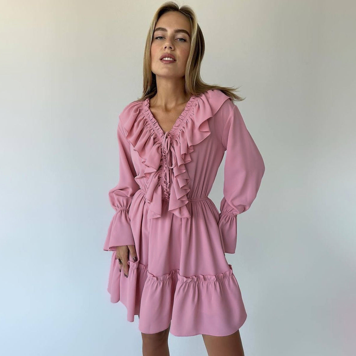 Fashion V Neck Pleated Ruffle Long Sleeve Dress Y2K V Neck Flared Sleeve Short Dress Women&