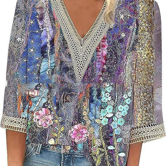 Wear Loose New Floral Print Stitching Lace Half Sleeve V-neck T-shirt Limorista